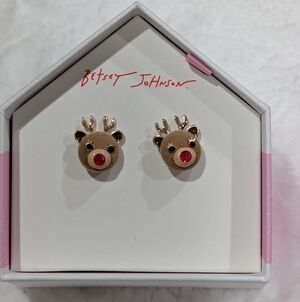 NEW Betsey Johnson Brown and Red Reindeer Earrings